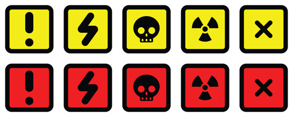 set attention red yellow square sign warning electric alert radioactive crossing stop traffic symbol caution hazard danger badge road mark vector flat design for web mobile isolated white Background