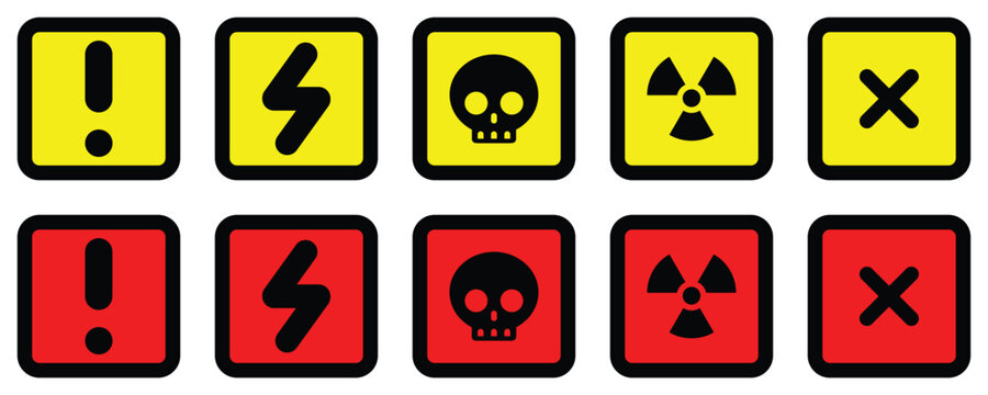 set attention red yellow square sign warning electric alert radioactive crossing stop traffic symbol caution hazard danger badge road mark vector flat design for web mobile isolated white Background