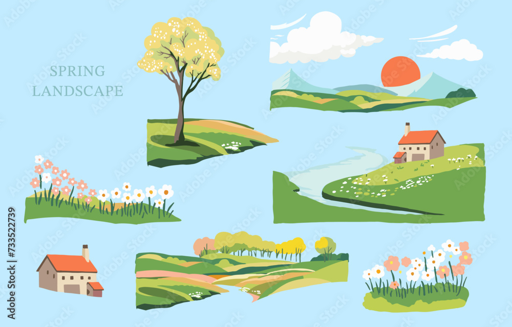 Wall mural spring landscape element set with mountain and tree editable vector illustration for graphic dedsign