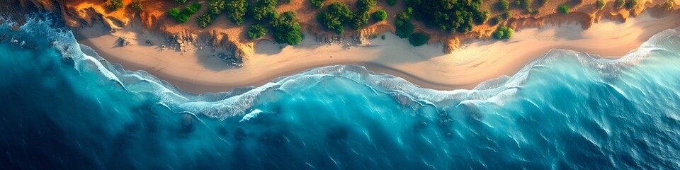 Aerial View of Ocean Waves Crashing on a Rocky Beach. Generative ai