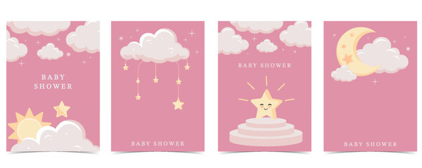 Fototapeta premium Twinkle pink baby background for vertical a4 design with cloud and star