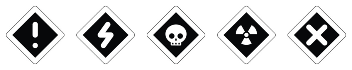 set attention black outline sign warning electric alert radioactive crossing stop traffic symbol caution hazard danger badge road mark vector flat design for web mobile isolated white Background