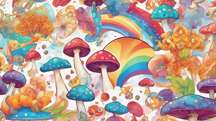 background with shrooms _A rainbow psychedelic  pattern with magic mushrooms over sacred geometry   - obrazy, fototapety, plakaty