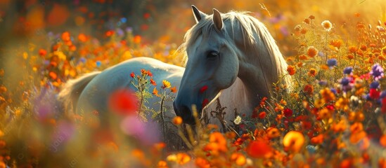 Stunning Portrait of a Beautiful Gray Horse Surrounded by Vibrant Flowers - obrazy, fototapety, plakaty