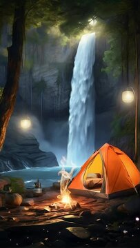 Seamless looping video background, a tent under a tree near a waterfall. Tent with lamp light illumination and campfire at dusk. Nature themed portrait animation, live wallpaper for smartphone