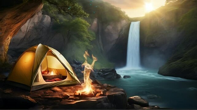 Tropical jungle camping near a waterfall with fast and clear water. Early morning tent activity with fresh air vibes. Seamless looping video background, camp with campfire in nature