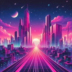 Fototapeten Synthwave retro cyberpunk style landscape road city background banner or wallpaper. Bright neon pink and purple colors © Mell25