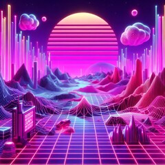 Synthwave retro cyberpunk style landscape road city background banner or wallpaper. Bright neon pink and purple colors