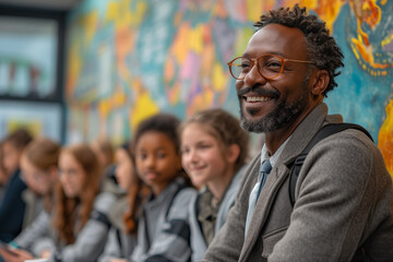 Obraz premium A dedicated teacher instructing a diverse group of students in a dynamic classroom setting. Concept of education and knowledge-sharing. Generative Ai.