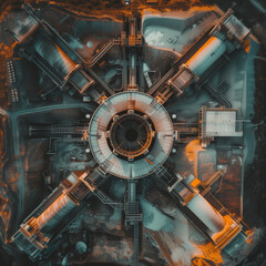 Gas turbine electrical power plant top view, power for factory energy.