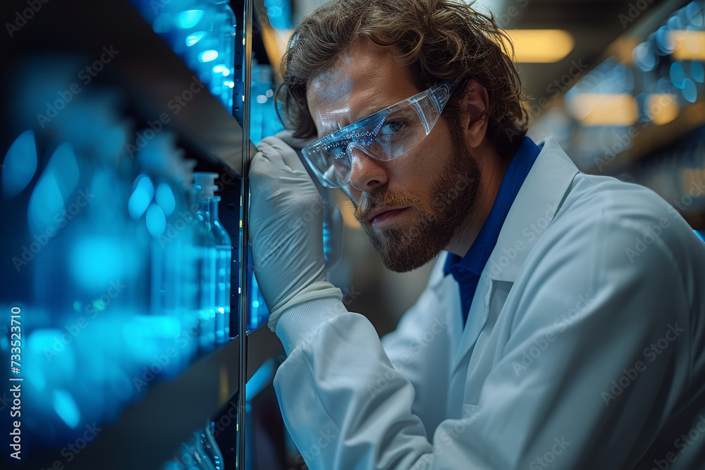 Poster a focused researcher analyzing data on a computer, working on a breakthrough project in a laboratory