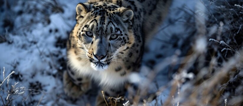 An image of a snow leopard, a vulnerable species, taken from above.