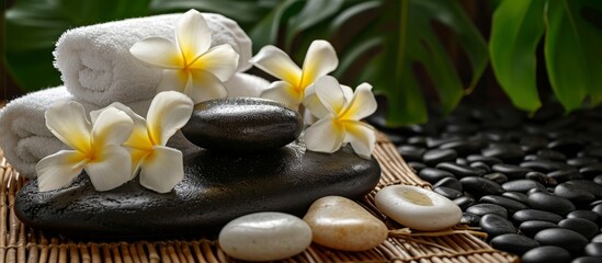 Fototapeta na wymiar Frangipani, stones, towel, soap, and mat create a spa atmosphere.