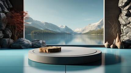 3d circle podium product stand or display with sky and Water background and cinematic light