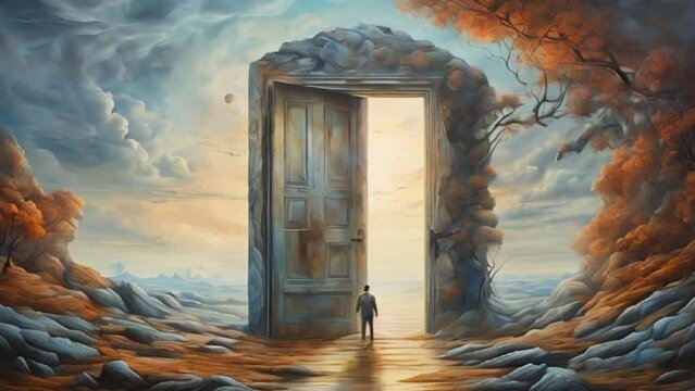 A man and mystery door in surreal nature landscape, motion