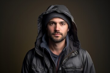 Handsome man wearing a hooded jacket over a dark background
