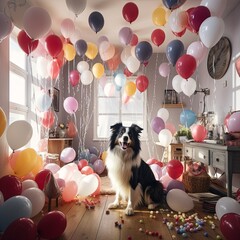 Many multi-colored helium balloons in the shape of a heart, photorealism, interior of a modern apartment, a dog in the middle of the room.