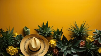 Cinco de Mayo banner background concept with sombrero hat ornament, cactus and flowers - obrazy, fototapety, plakaty