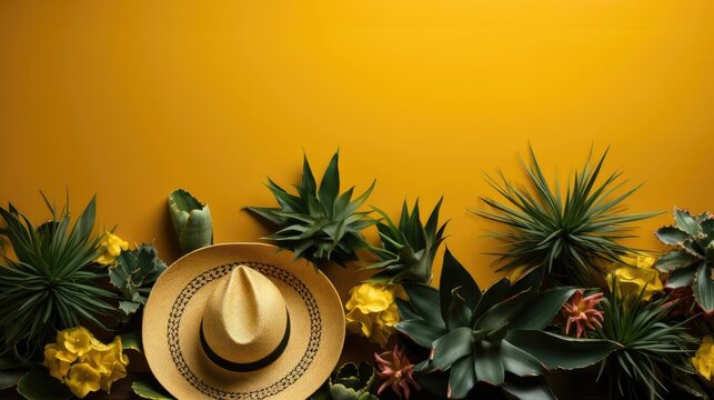 Cinco de Mayo banner background concept with sombrero hat ornament, cactus and flowers
