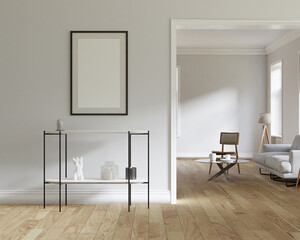 Mockup poster frame in empty picture interior on wall illustration 3d rendering.
