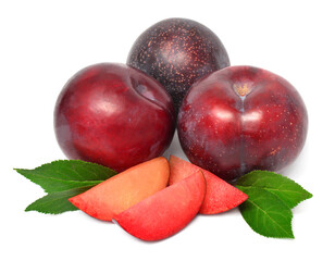 Plum whole and slices with leaves isolated on white background