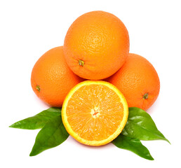 Collection orange fruit whole and half with leaves isolated on white background