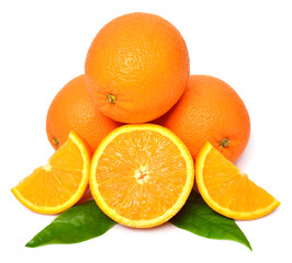 Collection orange fruit whole and half with leaves isolated on white background