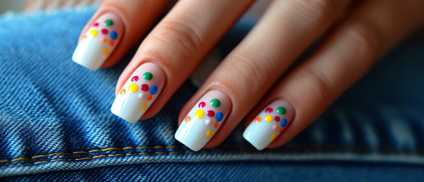 Woman's Nails With Beautiful Manicure, White Nail Polish, Gel With With Colorful Dots On Jeans. AI Generated