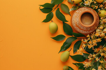 Traditional Indian kalash, flowers with mango leaf on yellow background. Ugadi or Gudi Padwa celebration. Hindu New Year. Religion and ethnic concept. Flat lay for banner, greeting card, poster