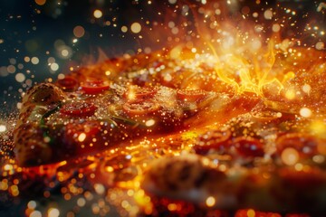 Sparkling Burst Over Fresh Pizza: A tantalizing close-up of a freshly baked pizza with a burst of sparkles, emphasizing its hot and delicious appearance.