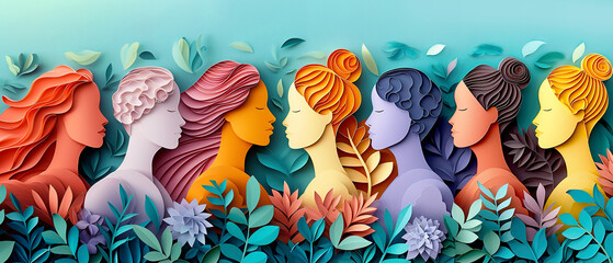 A diverse group of females portrayed with flowers in a paper cut-out style. International Women's Day. AI generated