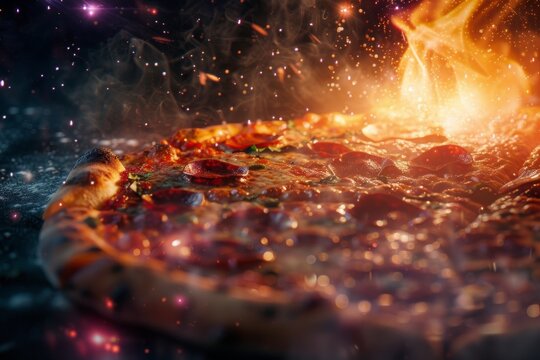 Sizzling Pizza Hot and Fresh in Fiery Cooking Advertising Shot, Mouthwatering Image of Pizza Being Prepared Over Flames, Perfect for Promoting Authentic Italian Cuisine and Gourmet Dining Experiences