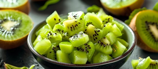Diced green kiwi fruit and ripe sweet-sour kiwi on the table.