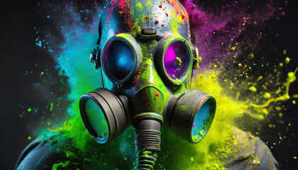 gas mask, colorful, explosion, art, design, wallpaper, black background