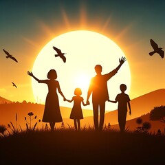 A beautiful silhouette of a happy family,