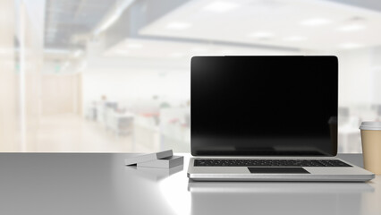 The laptop on table for Business concept 3d rendering. - obrazy, fototapety, plakaty