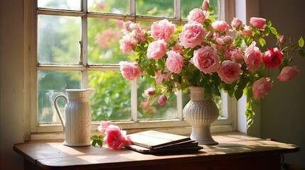 Pink roses in a white vase beside a jug on a wooden table by a sunny window