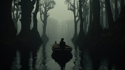 A couple in a boat glides through a misty, ethereal swamp with towering, gnarled trees