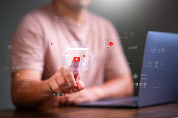Digital marketing concept, businessman using laptop with Digital marketing on virtual screen...
