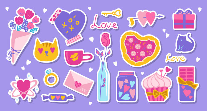 Valentines Day stickers set with gift and other romantic elements. Cartoon wedding and valentine love concept. Including flower bouquet, rose cupcake, pizza, candy mail. Cute love vector illustration