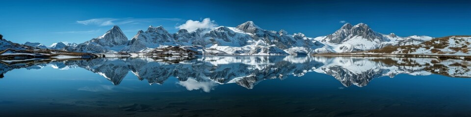 Mountain lake panorama,  capturing the reflection of snow-covered peaks in clear waters