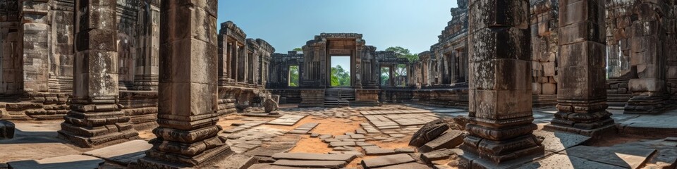 Ancient temple ruins panorama,  with intricate architecture against a clear sky