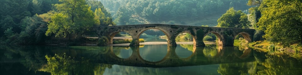 Fototapeta premium Panoramic view of a historic bridge spanning a tranquil river, surrounded by nature