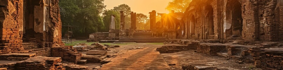 Ancient ruins panorama at golden hour,  with warm tones highlighting historic structures