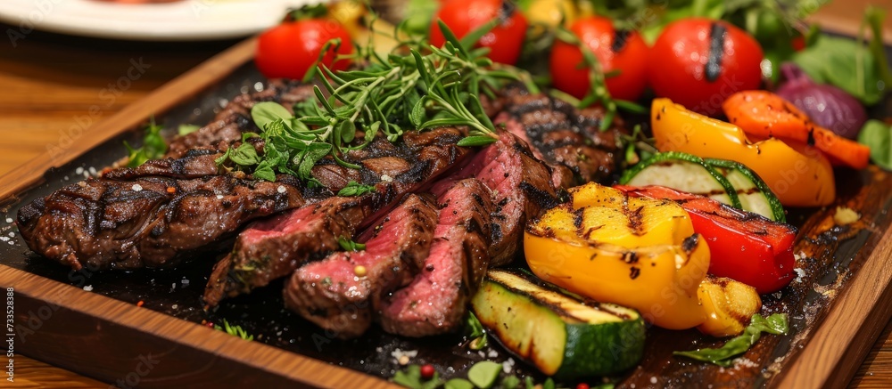 Sticker sizzling grilled steak and colorful vegetable salad: a perfect fusion of grilled steak, vibrant vege