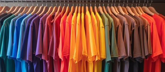 Vibrant Rainbow of Colors on Hanging Rack for Trendy T-Shirts - Discover the Perfect Rainbow of Colors on a T-Shirt Hanging Rack