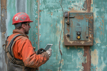 Technical worker performing maintenance work in a facility using a tablet to perform diagnosis. Concept of labor day, maintenance, trades.
