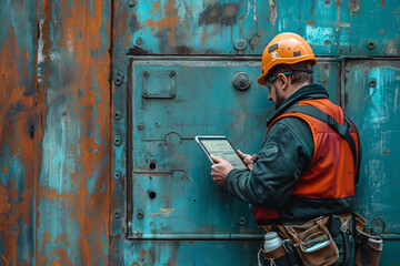 Technical worker performing maintenance work in a facility using a tablet to perform diagnosis. Concept of labor day, maintenance, trades.