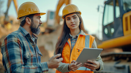 Team of engineers, man and woman, planning and organizing the work to be carried out on a construction site, using a tablet. Concept of labor day, equality, cooperation...