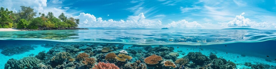 Fototapeta na wymiar Tropical island lagoon panorama, showcasing crystal-clear waters and coral reefs